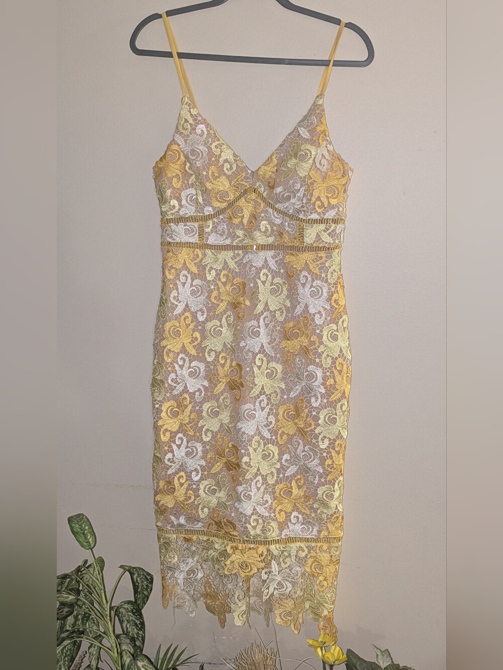 Akira Yellow Lace Slip Dress with Floral Embroidery